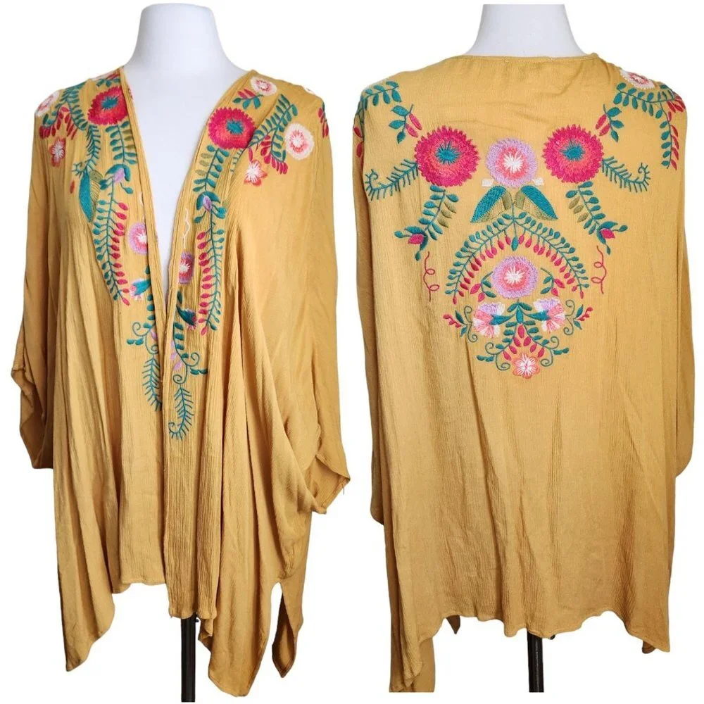 Umgee Mustard Yellow‎ Floral Embroidered Kimnono Cardigan Sz S/M Boho Cottage - Picture 2 of 15